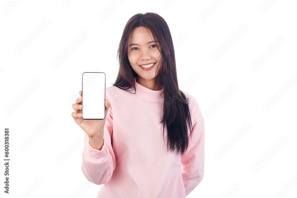 Beautiful asian woman holding smartphone mockup of blank screen and smiling isolated on white background Beautiful asian woman holding smartphone mockup of blank screen and smiling isolated on white background