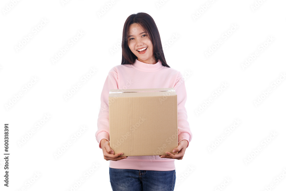 Young Asian woman smiling holding package parcel boxs isolated on white background. Delivery courier and shipping service concept. Young Asian woman smiling holding package parcel boxs isolated on white background. Delivery courier and shipping service concept.