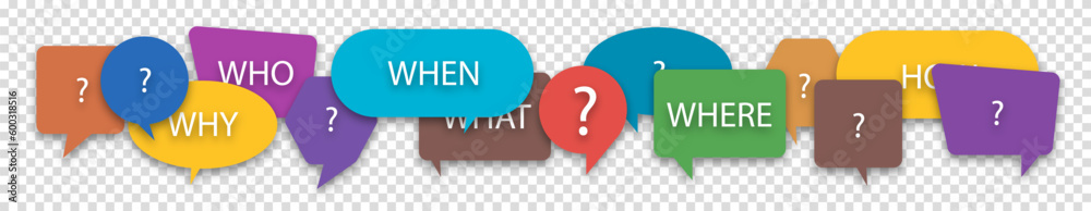 Questions who, what, how, why, for what and where on a colorful speech ...