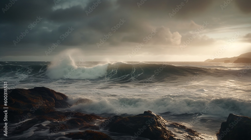 waves breaking in the ocean at sunset. Designed using Generative ai waves breaking in the ocean at sunset. Designed using Generative ai