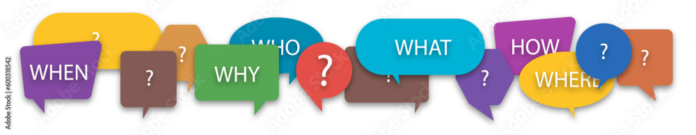 Questions who, what, how, why, for what and where on a colorful speech ...
