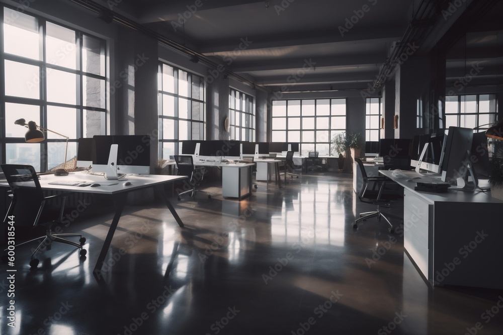 window chair office interior screen modern desk workplace bright furniture room. Generative AI. window chair office interior screen modern desk workplace bright furniture room. Generative AI.