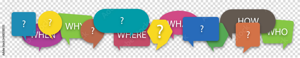 Questions who, what, how, why, for what and where on a colorful speech ...