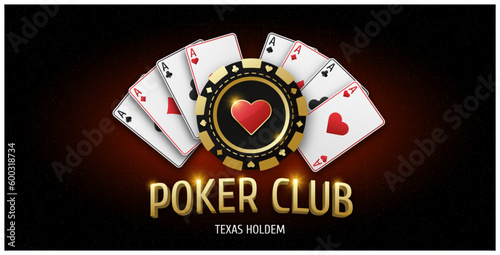 Illustration with text Poker Club. Realistic playing chip with heart suit, gambling tokens. Fans of playing cards ace of all suits. Gambling banner for web application or site. Vector illustration.