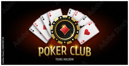 Illustration with text Poker Club. Realistic playing chip with diamond suit, gambling tokens. Fans of playing cards ace of all suits. Gambling banner for web application or site. Vector illustration.