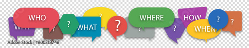 Questions who, what, how, why, for what and where on a colorful speech bubble icons. Communication inclusion people concept. Vector illustration on transparent background.