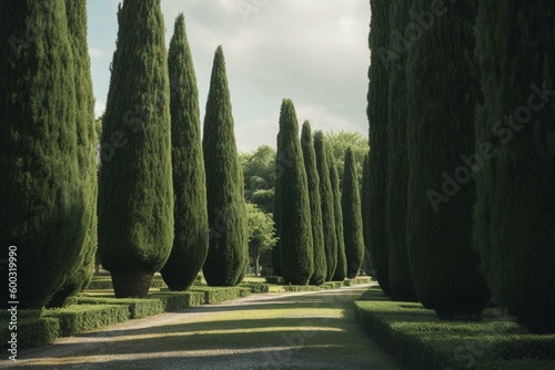 Park with cone-shaped poplars and manicured cypress trees. Generative AI