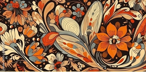 beautiful floral pattern in the style of colored cartoon style  light beige and orange  vintage poster design  shaped canvas  warm feeling generative ai  2