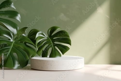 Stunning White Podium in 3D Rendering for Displaying Whitening Skincare Products with Natural Green Plant Twigs  Sunlight  Foliage Shadows  and Floor Space Ai generated