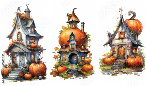 Watercolour fantasy Halloween pumpkin houses. Greeting cards and envelopes artwork project set 2.