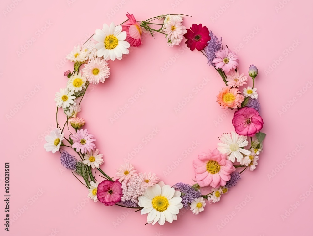 Small Flowers Wreath on Pink Background with Copy Space - AI generated