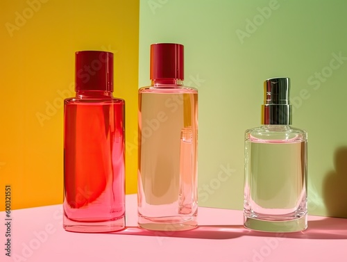  Different Cosmetic Glass Bottles on Pink Background - AI generated