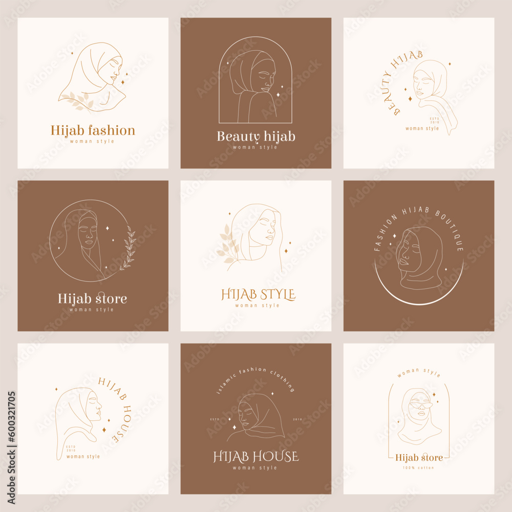 Hijab store logo collection. Set of logotypes for headdress boutique or muslim shop. Abstract arabian woman with closed eyes. Vector illustration in one line style.