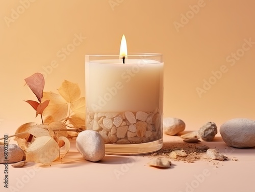 Vanilla Burning Candle with Stones and Dry Flowers on Beige Background - AI generated
