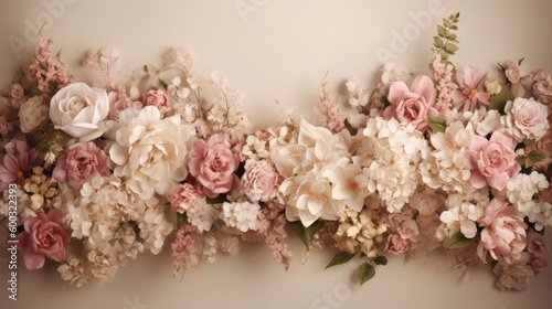 Charming photorealistic wedding floral background with enchanting garland luxurious floral mixture. Festive delicate wallpaper texture. Generative AI.  © Dannchez