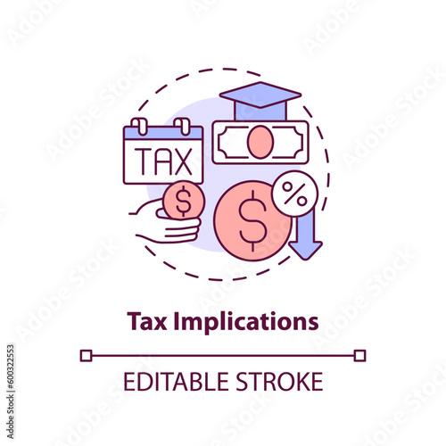 Tax implication concept icon. Graduate college. Tuition reimbursement. Student loan. Funding education. Taxable income abstract idea thin line illustration. Isolated outline drawing. Editable stroke