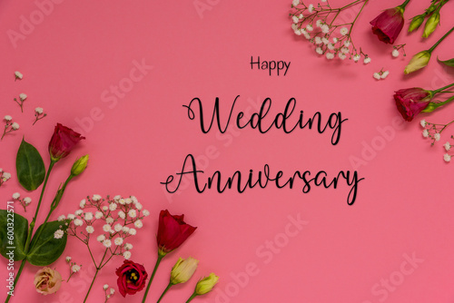 Roses Flower Arrangement, English Text Happy Wedding Anniversary, Flat Lay