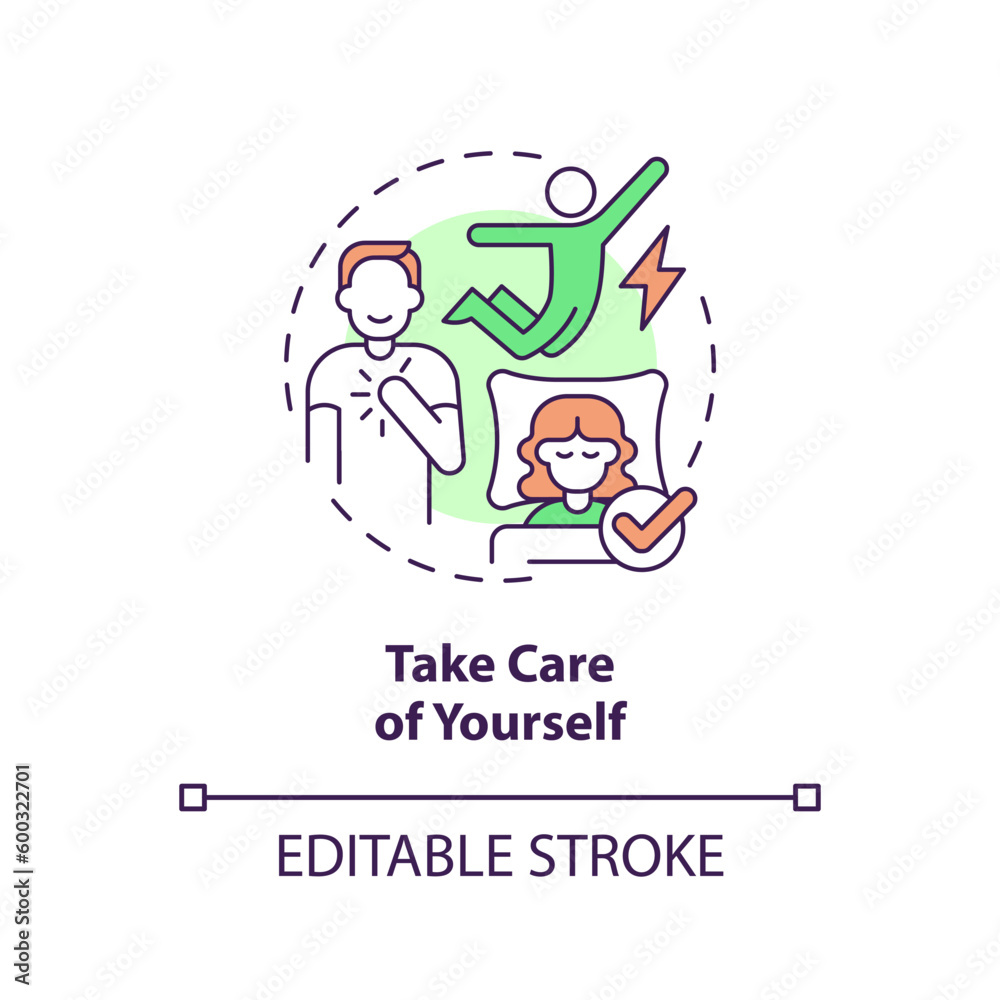 Take care of yourself concept icon. Healthy lifestyle. Time for you. Treat yourself. Reduce stress. Mental health abstract idea thin line illustration. Isolated outline drawing. Editable stroke