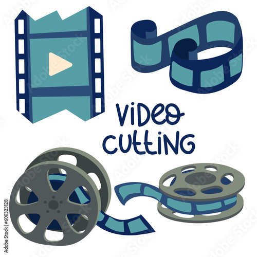 A set of elements for movies. All the elements for creating and cutting a movie. Reel, film, slide in cartoon style. Cute flat-style drawings in a blue color scheme on a white background