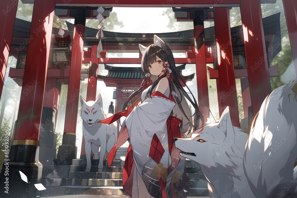 Japanese shrine maiden and red torii gate, Generative AI - obrazy, fototapety, plakaty 