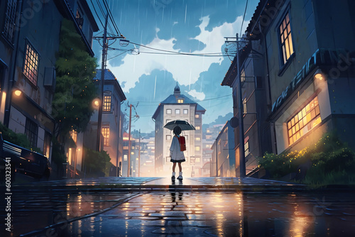 Back view of a girl holding an umbrella in a rainy city, Generative AI