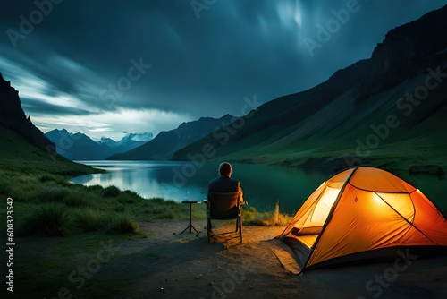 camping in the mountains at night, generative ai