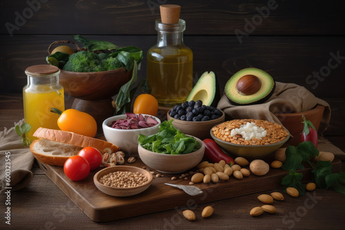Healthy food for balanced flexitarian mediterranean diet concept on wooden table, generative AI