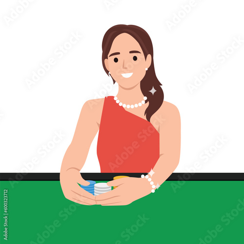 Woman sit on table in casino playing game for money. Smiling female in dress gambling in gaming house. Addiction and entertainment. Flat vector illustration isolated on white background