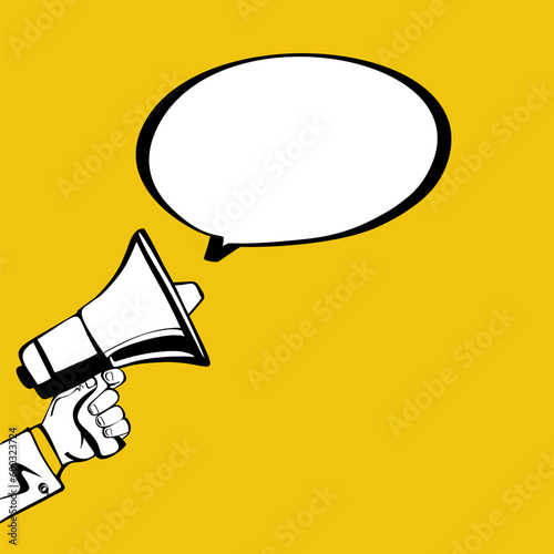 Attention please. Hand hold megaphone. Speaker, loudspeaker. Advertising and promotion symbol. Bullhorn cartoon. Social media marketing concept. Vector sketch design. Landing page template.