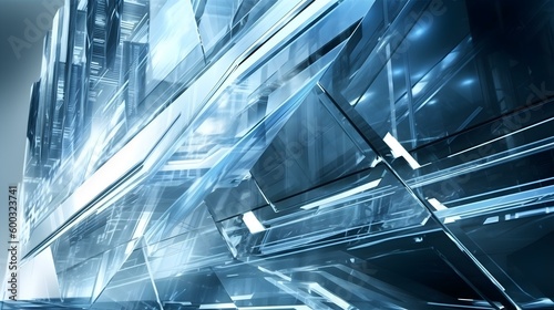 Fototapeta Naklejka Na Ścianę i Meble -  a futuristic area with blue lights, metal, and glass, in the style of multilayered abstraction, clear edge, cubist-inspired abstractions with generative AI