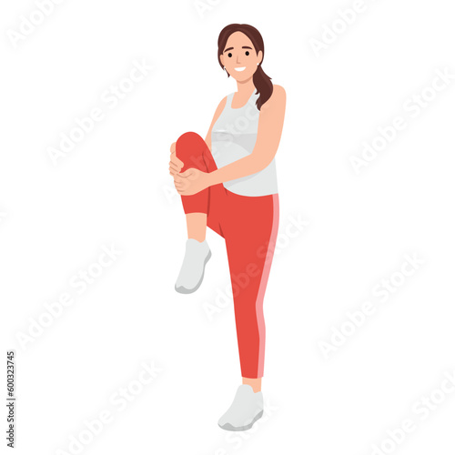 Woman stretching exercises holding her front knee and warmin up. Prepare for workout or for run. Flat vector illustration isolated on white background