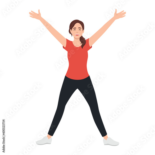 Fototapeta Naklejka Na Ścianę i Meble -  You are welcome! Cheerful woman gesturing welcome sign and smiling while standing against wall. Flat vector illustration isolated on white background