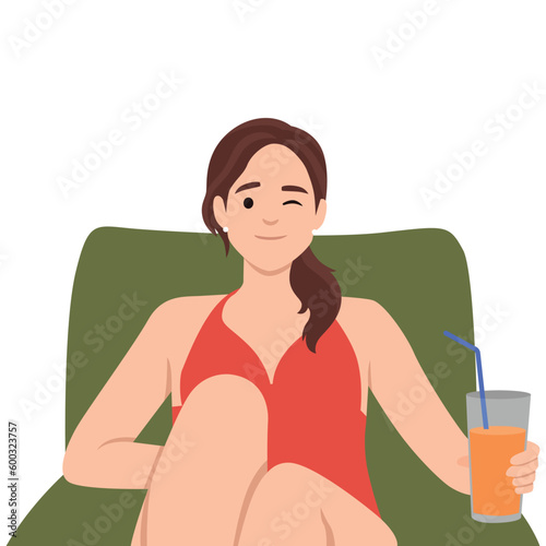 Woman in Bikini Sitting on Deck Chair at Poolside or Beach Drinking Cocktail. Female Character Spend Time Outdoor on Exotic Resort, Girl Enjoying Spare Time Relax. Flat vector illustration isolated on