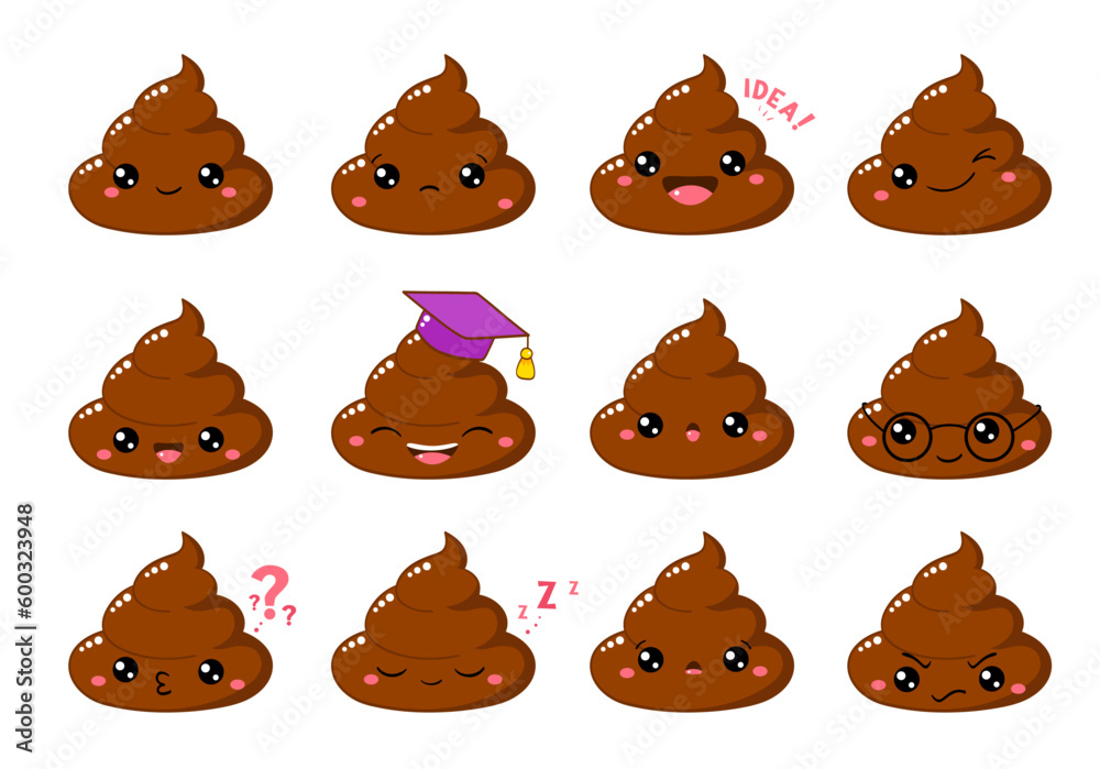 Collection of Cute funny poop with different mood. Set of cartoon poo ...