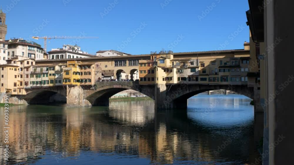 Florence. Tuscany. Italy 03-12-2023. Famous ancient bridge. City of Florence. Panning 4K Florence. Tuscany. Italy 03-12-2023. Famous ancient bridge. City of Florence. Panning 4K