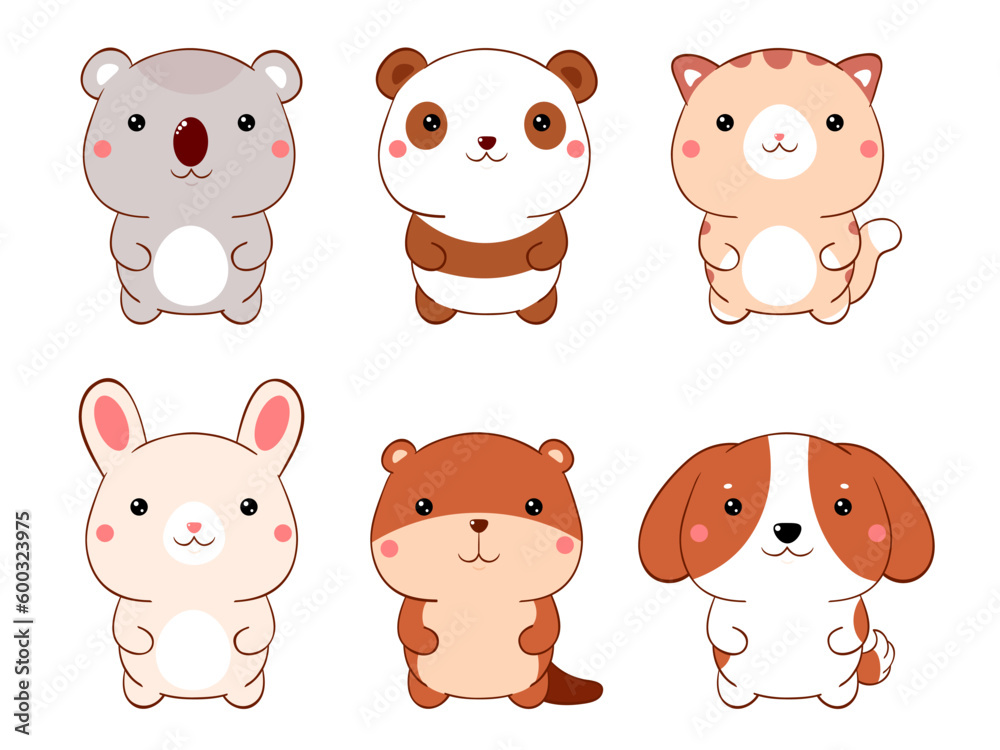 Set of cute fat cartoon animals in kawaii style. Collection of lovely animal baby. Funny dog, cat, panda, beaver, koala, bunny. Vector illustration EPS8