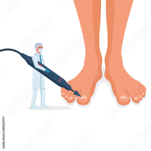 Podiatry concept. Feet treatment. Hardware medical pedicure. Nail cleaning apparatus. Patient on pedicure with pediatrician chiropodist. Clinic podology. Cosmetics of nails of legs. Vector design flat