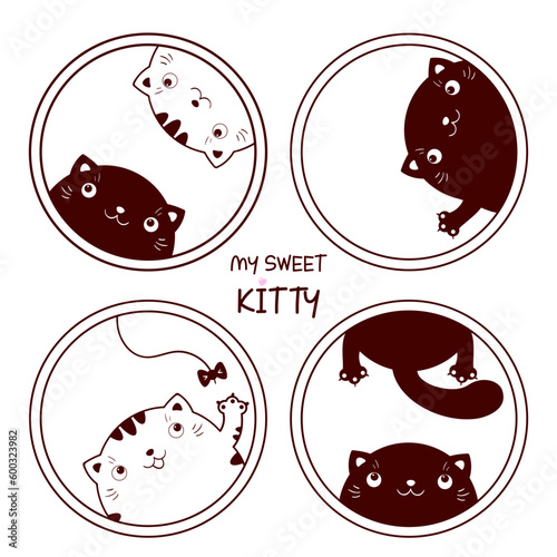 My sweet kitty.  Set of round monochrome icons with cute cats. Collection of lovely kitty in different poses. Can be used for t-shirt print, stickers, greeting card design. Vector illustration EPS8
