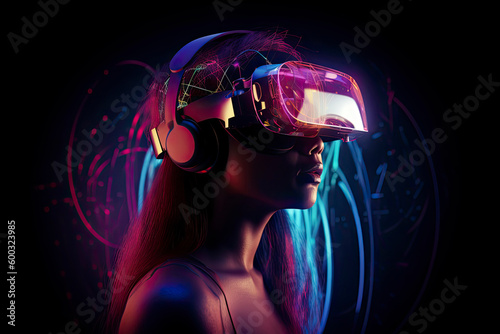 Abstract image of woman using VR headset - 3D generated image