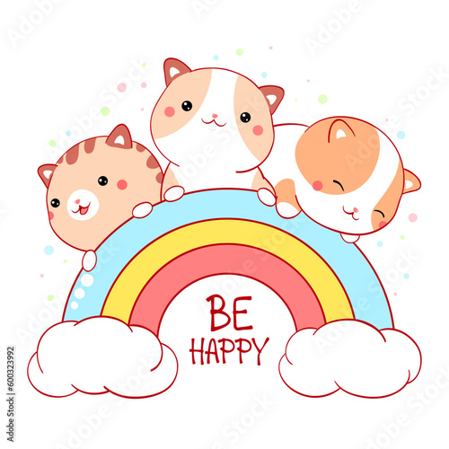 Square card in kawaii style with three fat kitty on rainbow. Greeting card with three cute little cats and inscription Be happy. Can be used for t-shirt print, sticker. Vector illustration EPS8