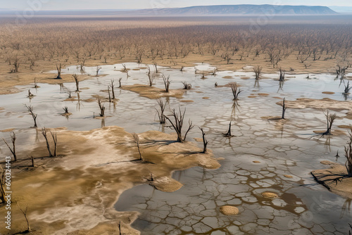 Aerial view of dead trees and lake in Danakil Depression photo