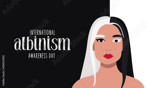 June 13 is the International Albinism Awareness Day. A woman with partial albinism with straight hair. Call for solidarity with people suffering from albinism. Stylized black and white vector graphics