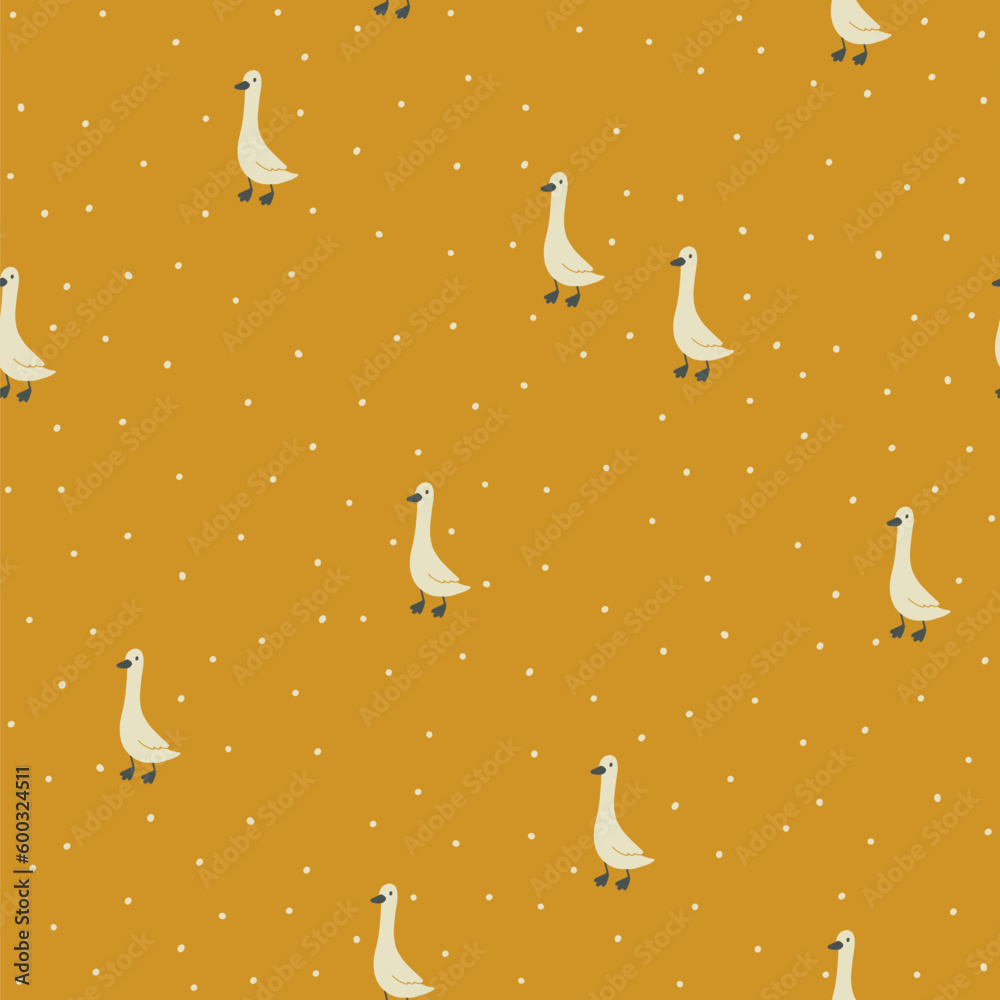 Fototapeta premium Geese seamless pattern. Cute cartoon characters in simple hand drawn style. Baby minimalistic vintage print in a limited baby pastel palette. Goose vector on a mustard polka dot background.