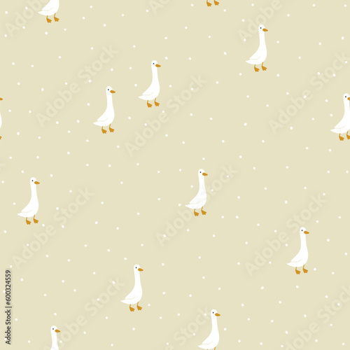 Geese seamless pattern. Cute cartoon characters in simple hand drawn style. Baby minimalistic vintage print in a limited baby pastel palette. Goose vector on a beige background with polka dots.