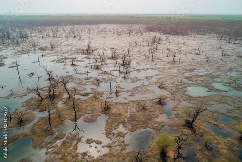 Aerial view of dead trees and lake in Danakil Depression photo