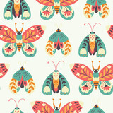 Moth seamless pattern. A butterfly decorated with a collection of flowers. Hand drawn doodle illustration in simple scandinavian style. Pastel palette. Vector on a white background.