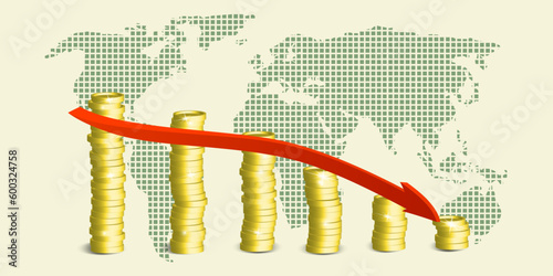 World crisis, decrease chart, moving down arrow on background global map. Chart of financial decline, global economic crisis, recession, decrease graph. Profit down. Vector financial economic design