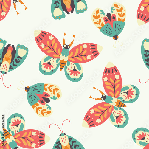 Moth seamless pattern. A butterfly decorated with a collection of flowers. Hand drawn doodle illustration in simple scandinavian style. Pastel palette. Vector on a white background. © Світлана Харчук