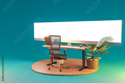 single isolated computer workspace on wooden podium with giant widescreen monitor; freelance and home office concept; 3D Illustration photo