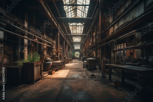 Indoor space of deserted metal factory; industry theme. Generative AI